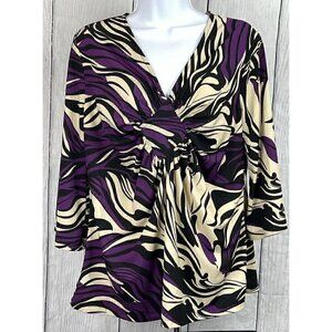 Ellen & Company Womens Small 3/4 Bell Sleeve Purple Black Cream V-Neck Top